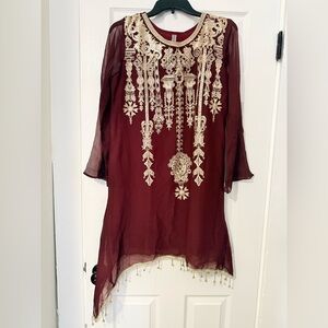 Embroidered Maroon Tunic with Gold Accents